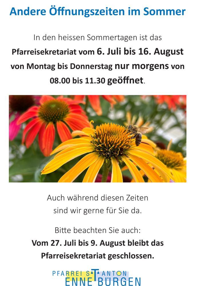 &Ouml;ffnungszeiten Sekretariat im Sommer