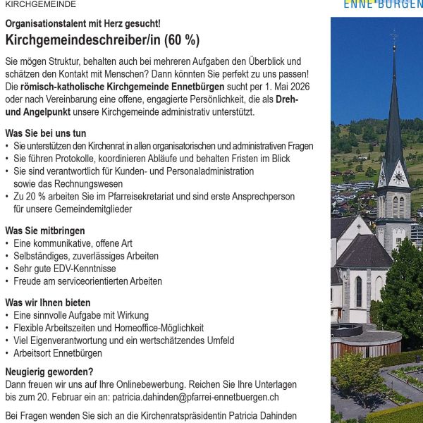 Stelleninserat Kirchgemeindeschreiber/in